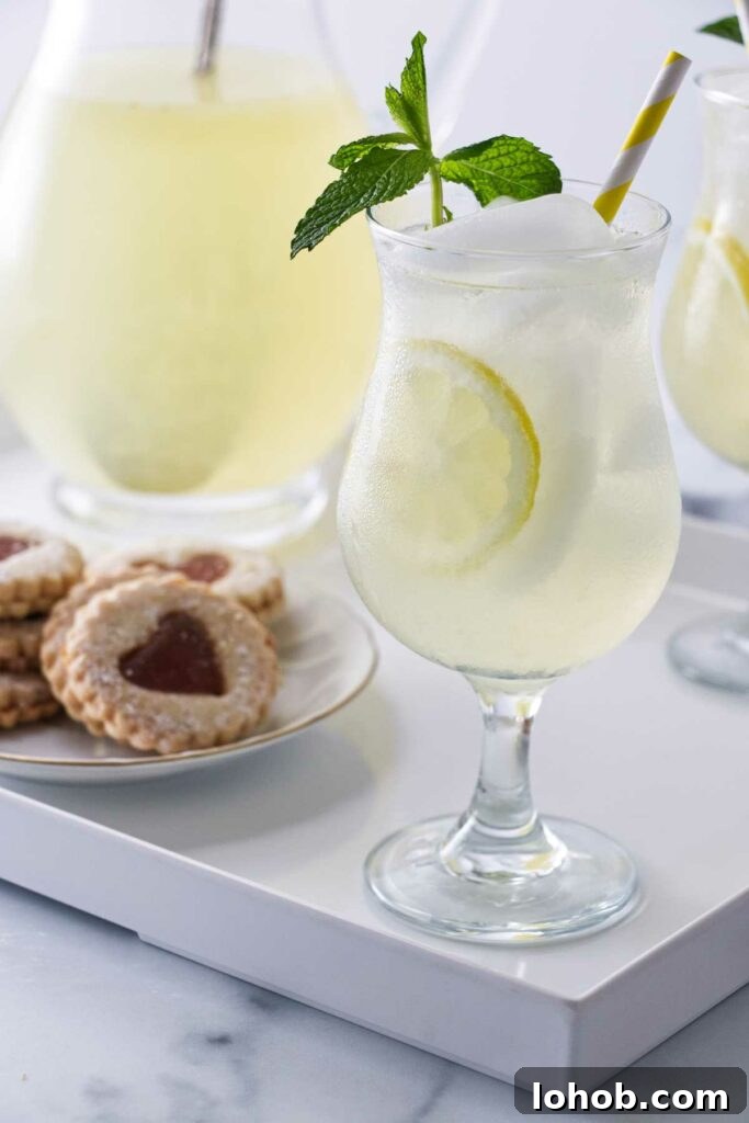 Classic Old-Fashioned Lemonade Recipe for Refreshing Summer Sips 2 A tray with glasses of old fashioned lemonade garnished with fresh mint, a pitcher of lemonade and a plate of cookies.