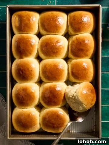 An overhead view of Sourdough Discard Hawaiian Rolls in the baking pan.