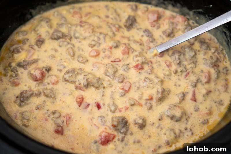 Crock Pot Queso with Beef and Sausage: Slow Cooker Party Dip 4 slow cooker with velveeta spicy cheese dip with sausage and ground beef