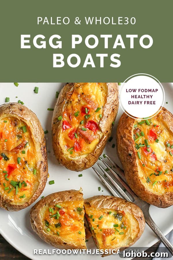 Whole30 Paleo Egg and Potato Breakfast Boats 9 These Paleo Whole30 Egg Potato Boats are a fun and filling breakfast. Packed with sausage, peppers, green onions and of course eggs. They are gluten free, dairy free, and low FODMAP.