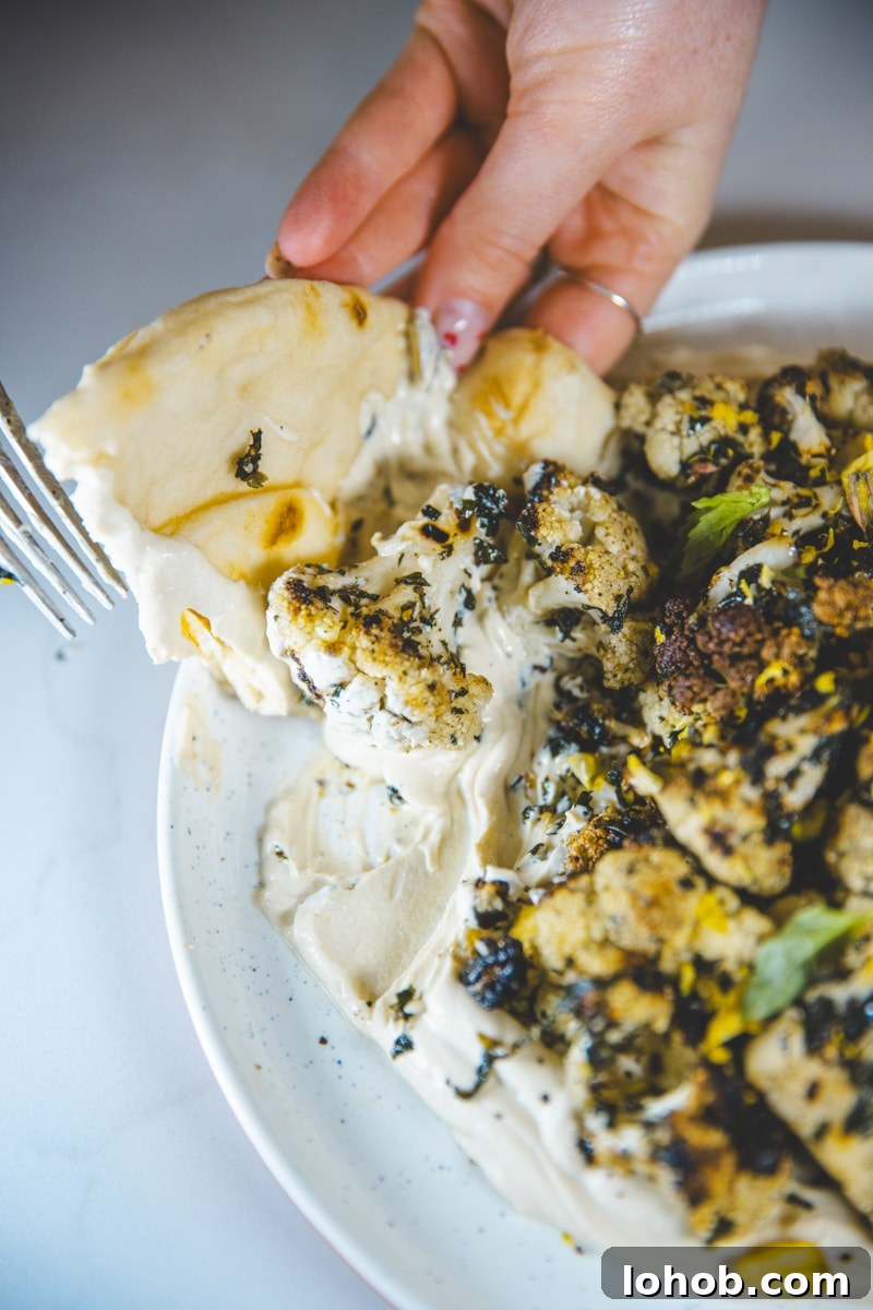 Herb-Marinated Cauliflower with Tofu Ricotta Recipe 5 eating Marinated Cauliflower & Tofu Ricotta with flatbread - Georgie Eats
