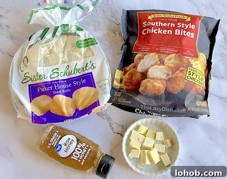 Chick-fil-A Chicken Minis Copycat Recipe — Soft, Tender Bites 4 Ingredients for making copycat Chick-fil-A chicken minis at home including Sister Schubert's rolls, south style chicken bites, honey, and butter.
