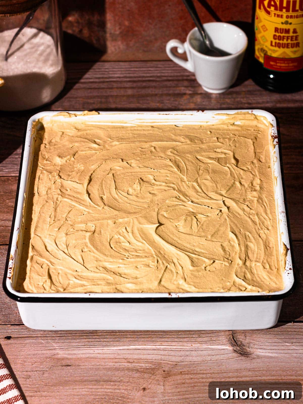 Eggless tiramisu with espresso mascarpone whipped cream.