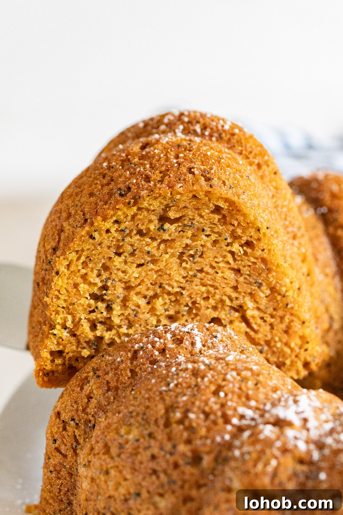 A slice of poppyseed cake being lifted from the rest of the cake.