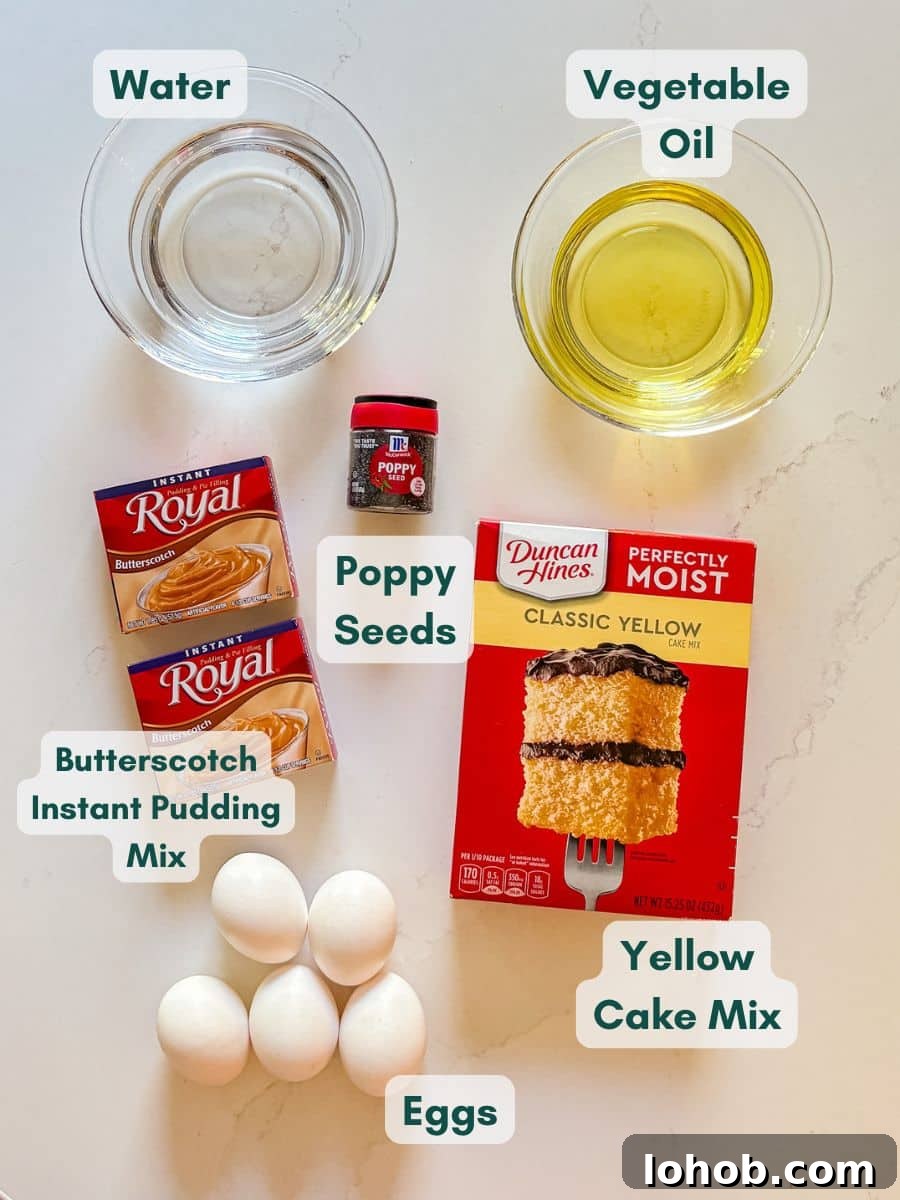 An overhead image of labeled recipe ingredients.