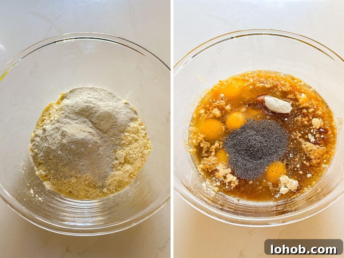 Dry ingredients in a glass bowl and then wet ingredients added.