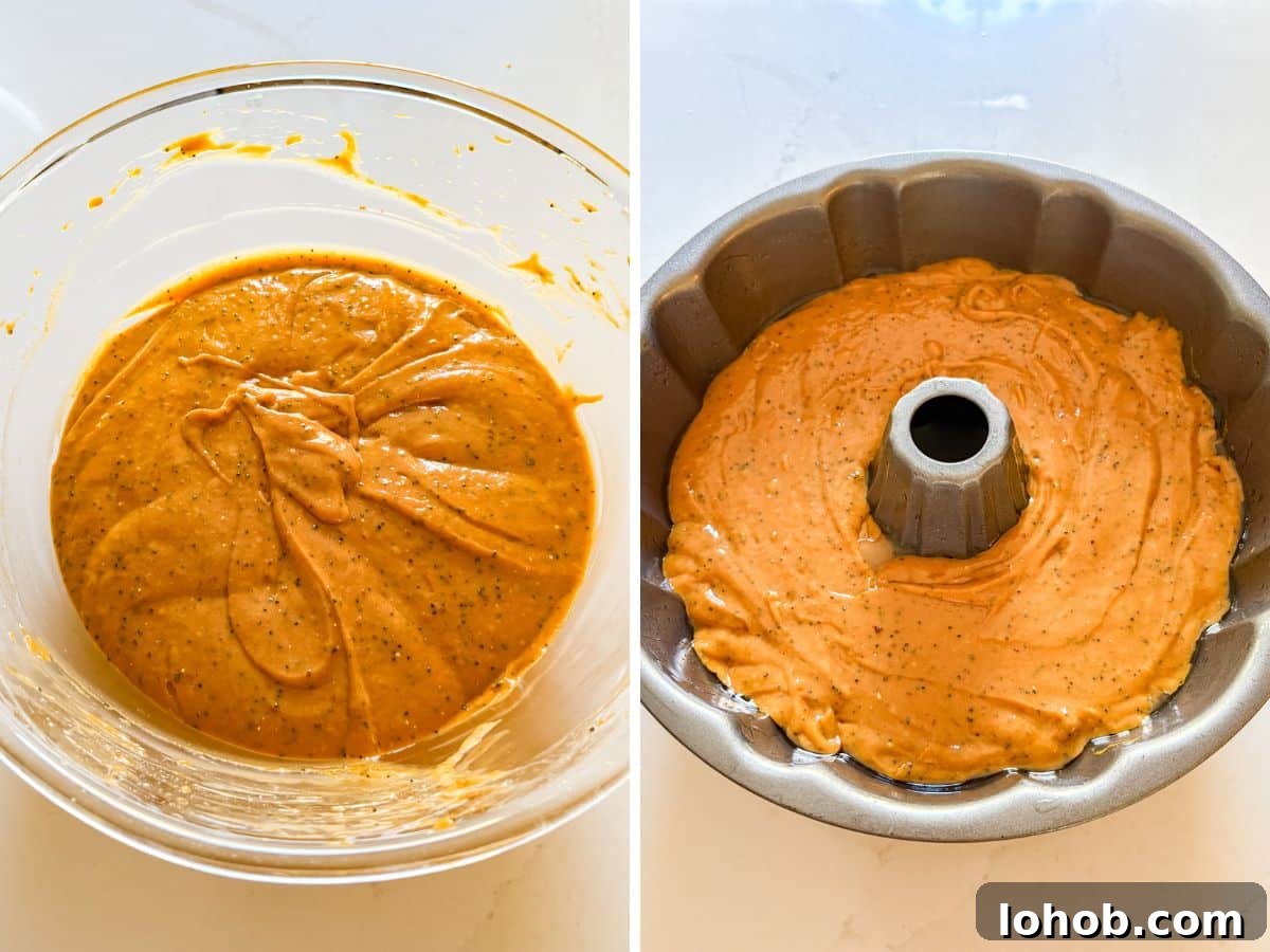 Cake batter mixed together and then in a prepared bundt pan.