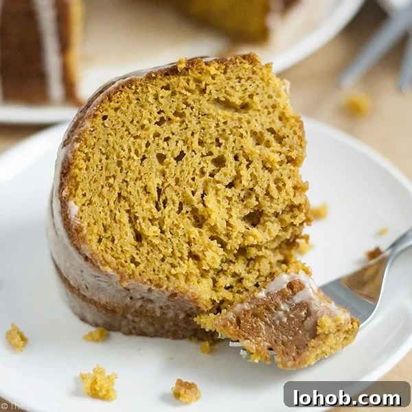 An image of a slice of pumpkin cake with a fork in front of it holding a bite of the cake on it.