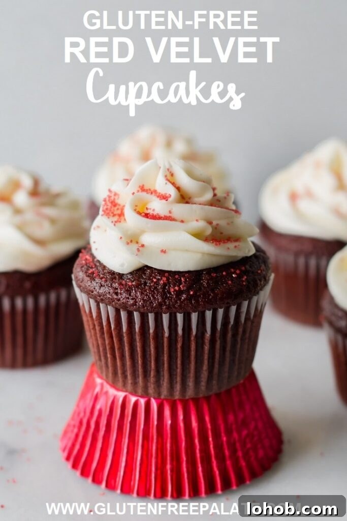 Gluten-Free Red Velvet Cupcakes Recipe for Moist, Fluffy Results 9 A pinterest pin of a red velvet cupcake topped with white frosting and red sugar, sitting on a shiny red paper liner. Photo by Gluten-Free Palate.