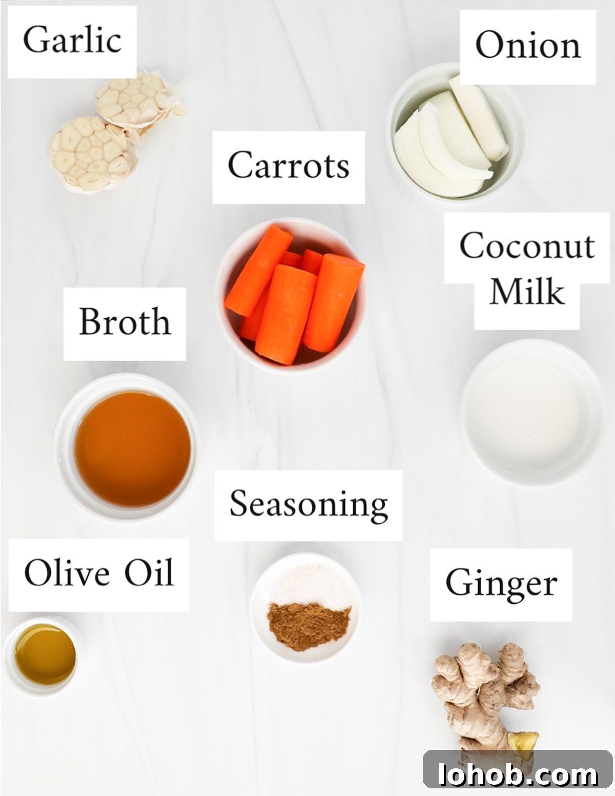 Creamy Carrot, Ginger and Coconut Soup 3 Labeled ingredients including: garlic, onion, carrots, coconut milk, broth, seasoning, olive oil, ginger.