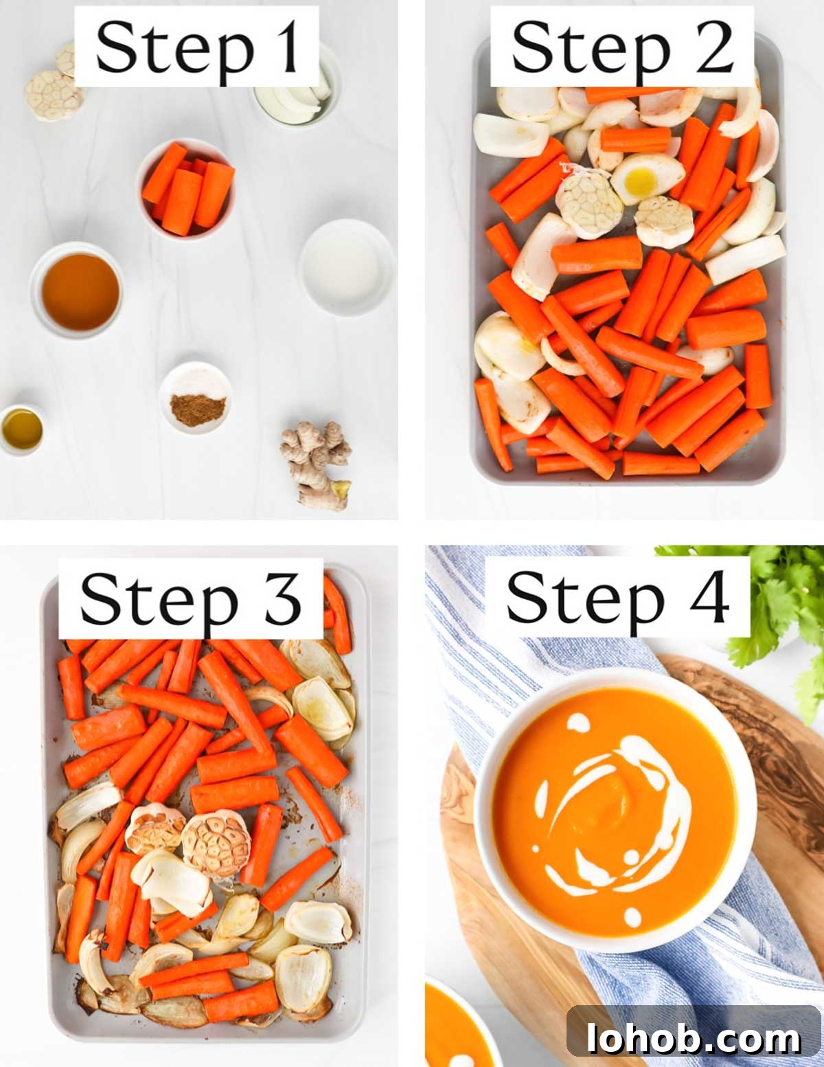 Creamy Carrot, Ginger and Coconut Soup 5 Four images in a collage showing recipe steps from ingredients to finished soup.