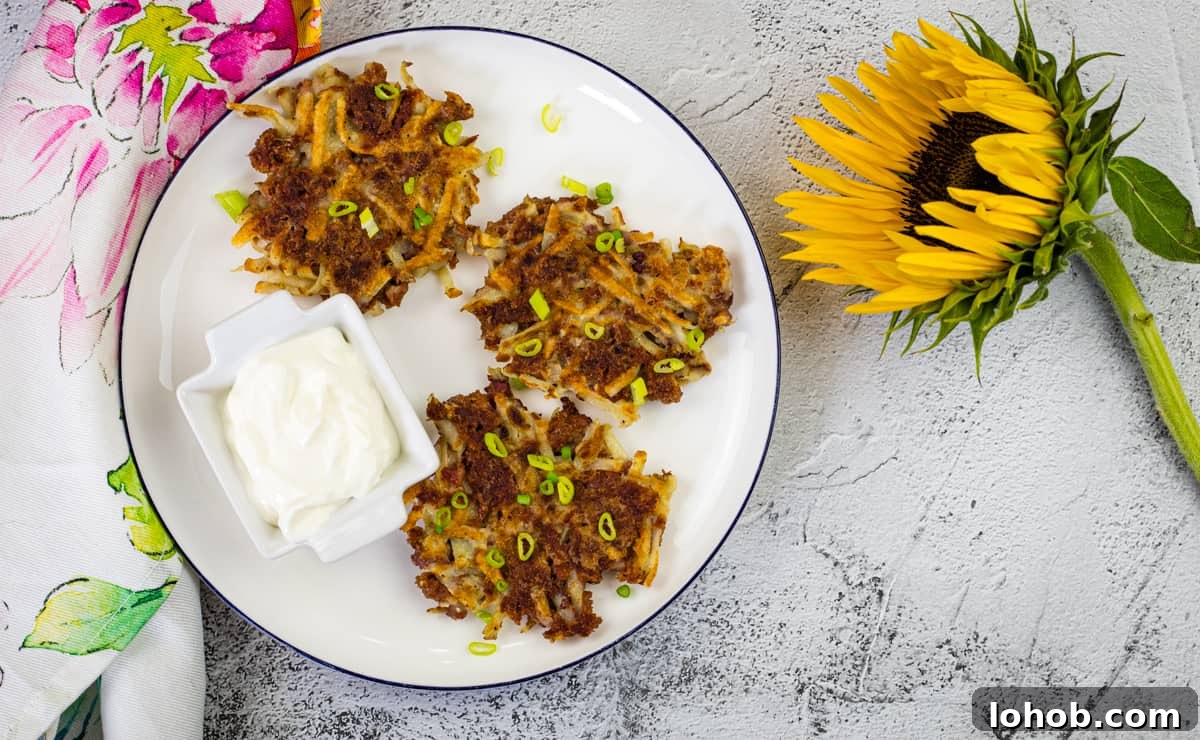 Corned beef fritters and a dip on a white plate with a sunflower on side.