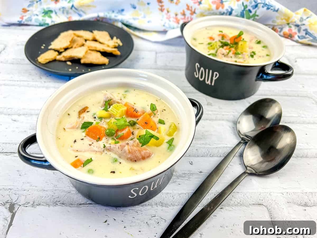 Two bowls of Turkey Pot Pie Soup with crackers and spoons.