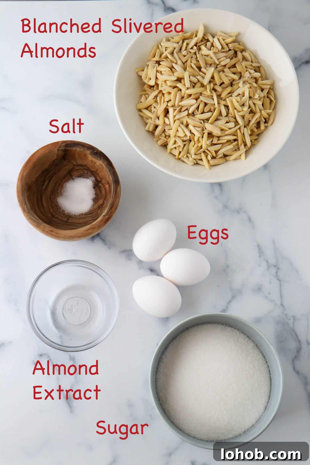 Labeled ingredients for Easy Almond Macaroons.