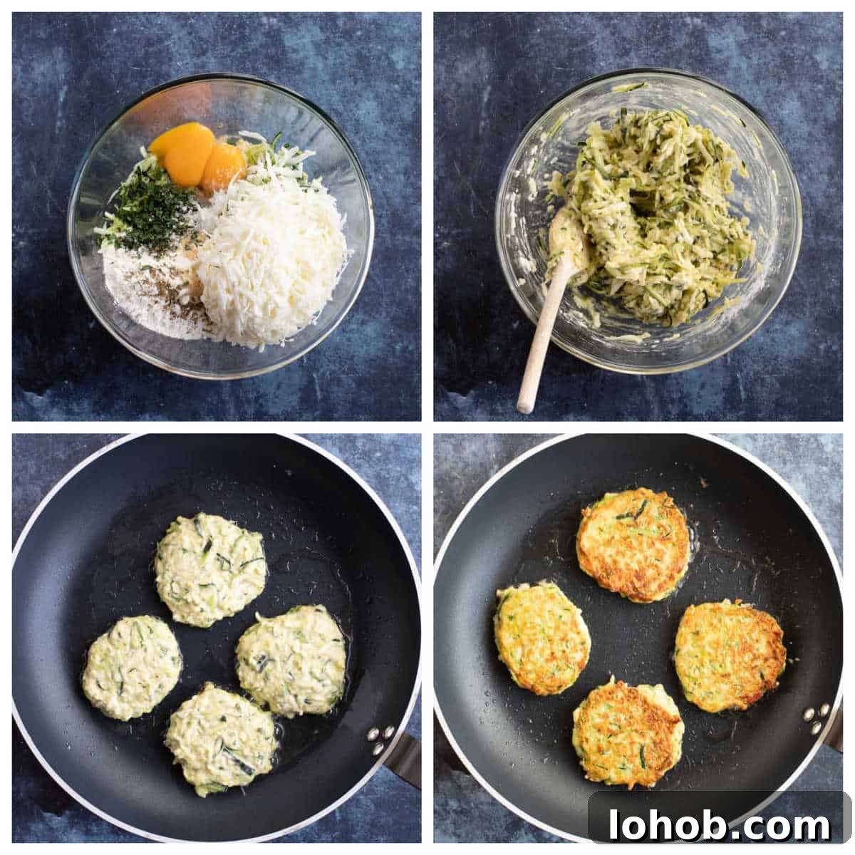 Cheesy Zucchini Fritters Recipe: Crispy Pan-Fried Rounds 4 Step by step photo instructions for making courgette fritters.