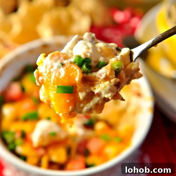 A spoonful of bacon dip with the bowl in the background