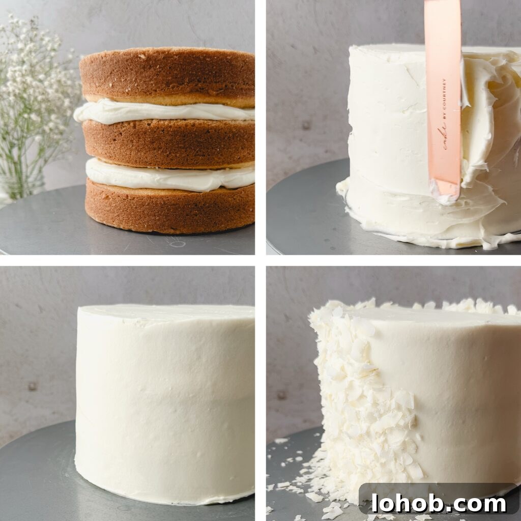 Coconut layer cake on stand