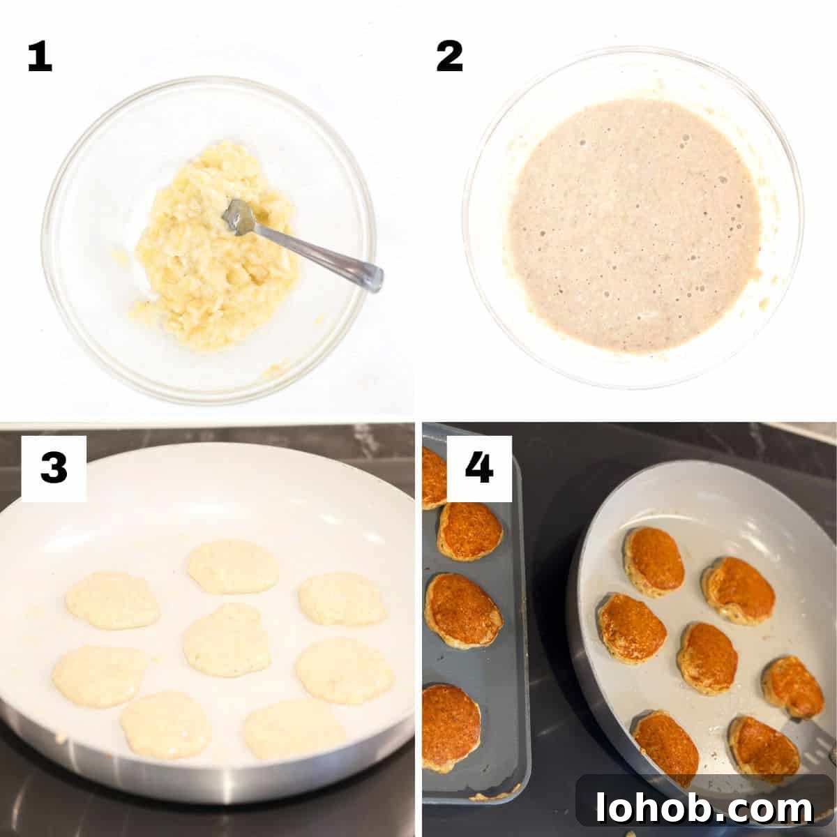 Mini Banana Pancakes Recipe: Fluffy Pancakes with Banana Flavor 4 Four numbered images showing how to make mini banana pancakes.