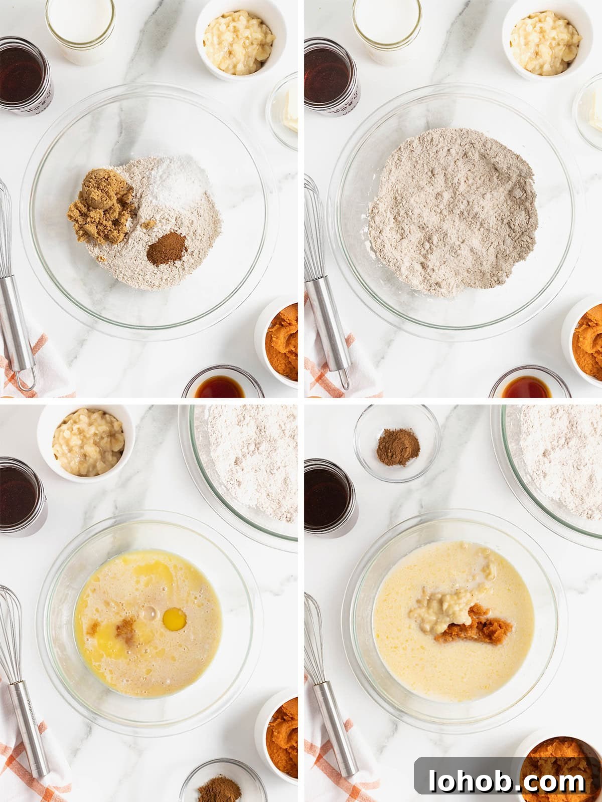Steps to make pumpkin banana pancakes.