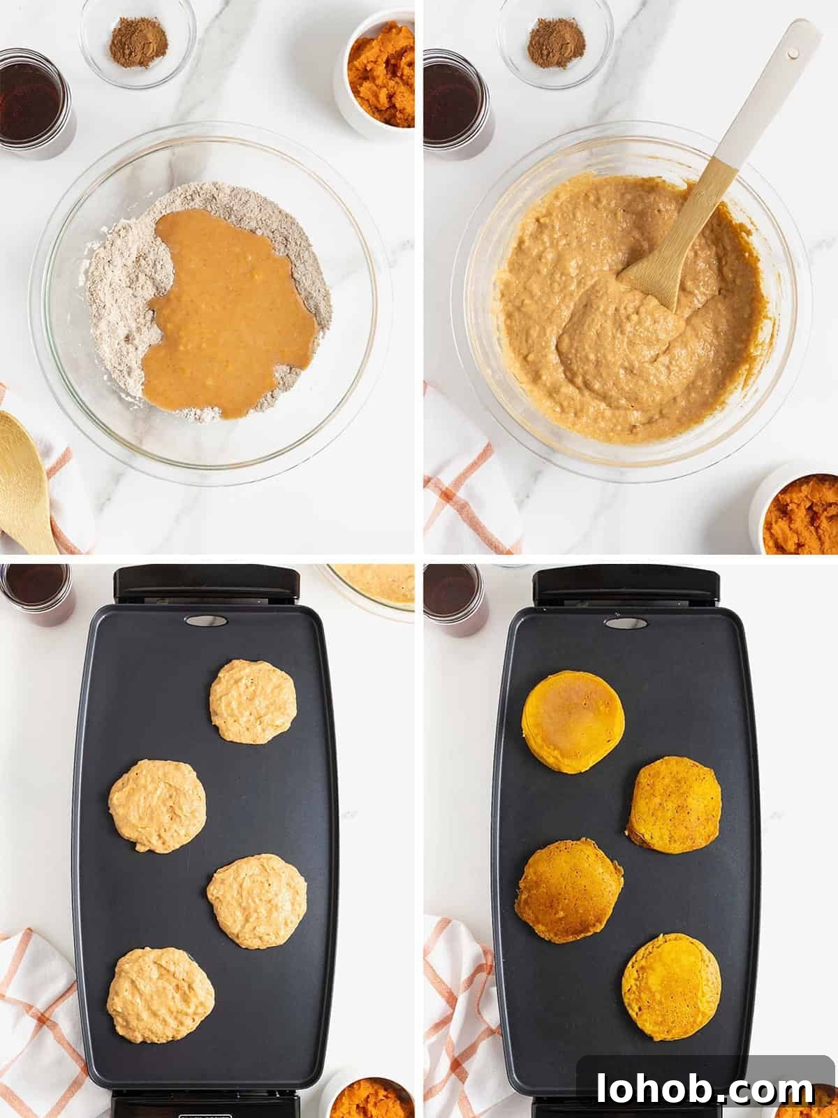 Steps to make pumpkin banana pancakes.