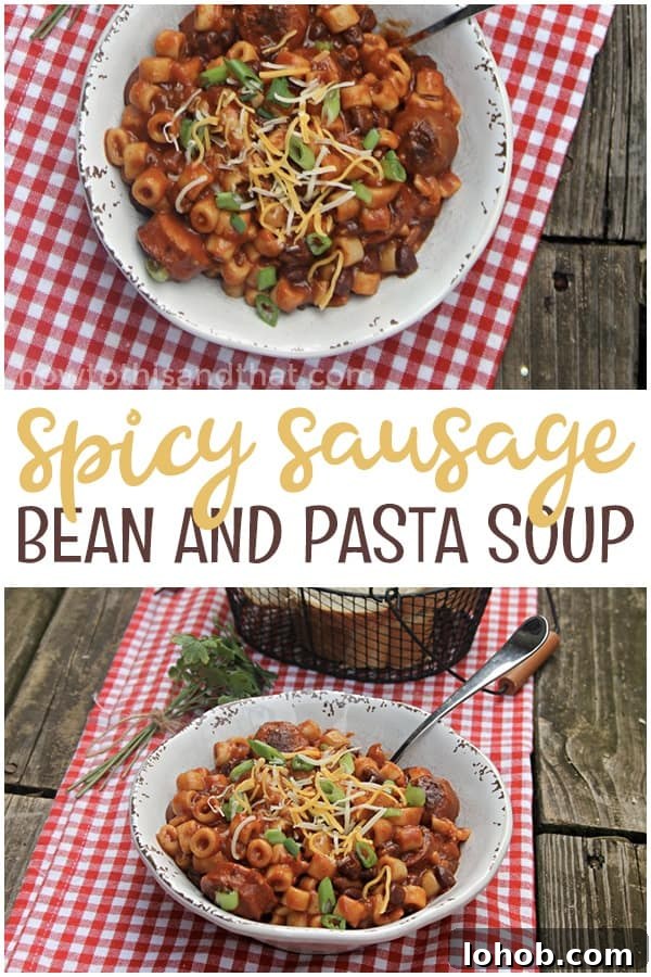 This spicy sausage, bean and pasta soup is the PERFECT weeknight dinner! It's so easy to make and is full of savory spicy delicious flavor! If you're looking for a delicious bean and sausage soup slow cooker recipe - this is the one!