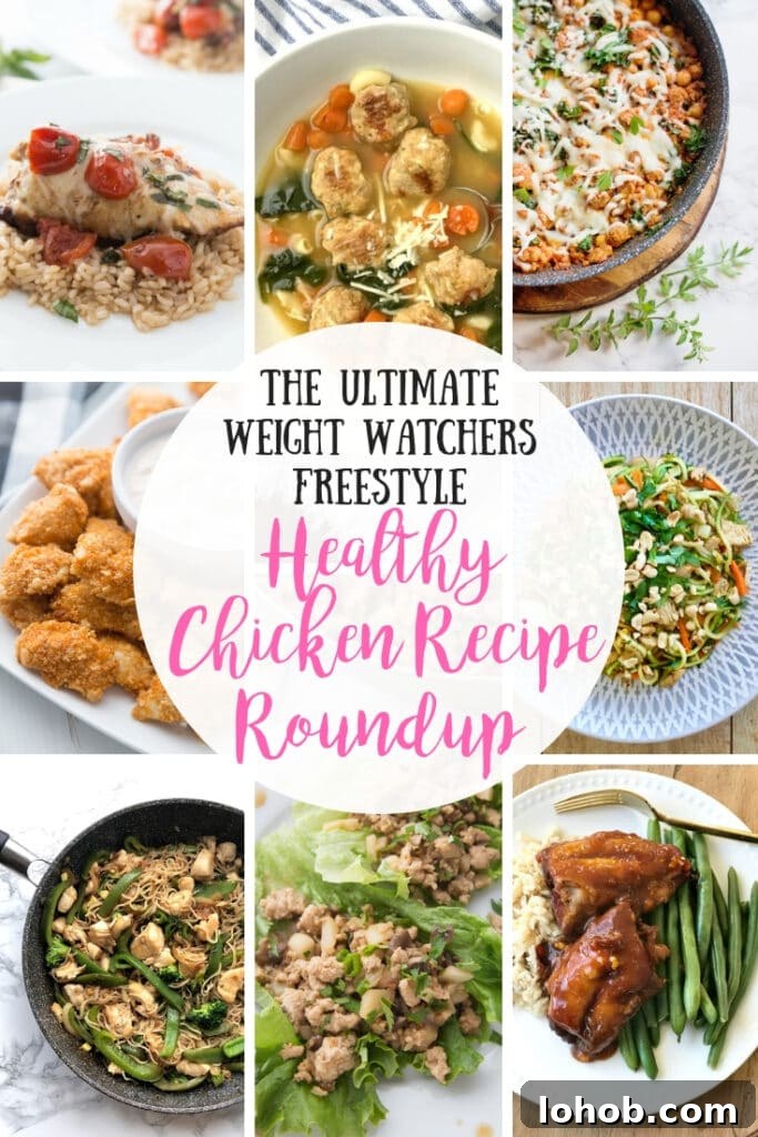 Top Weight Watchers Chicken Recipes: Quick Low-Point Meals 2 collage of healthy chicken recipe photos with the text overlay- The Ultimate Weight Watchers Freestyle Healthy Chicken Recipe Roundup