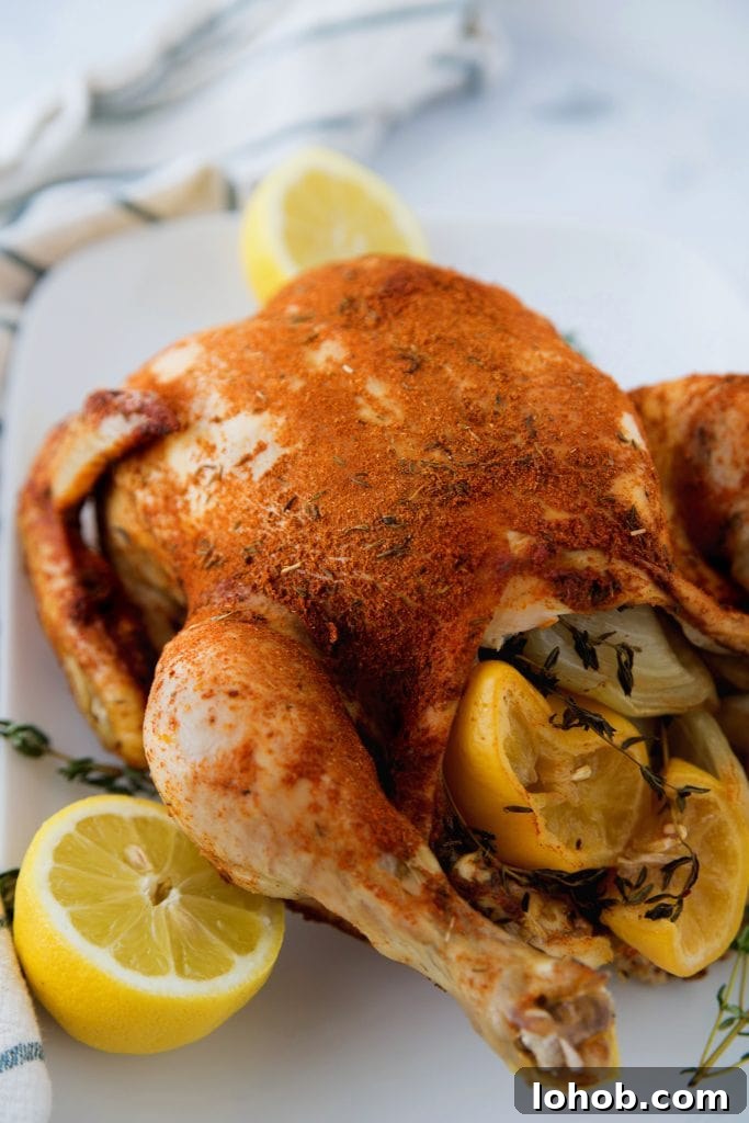 Top Weight Watchers Chicken Recipes: Quick Low-Point Meals 4 Cooked spice rubbed whole chicken with lemon wedges on cutting board, ready to be carved