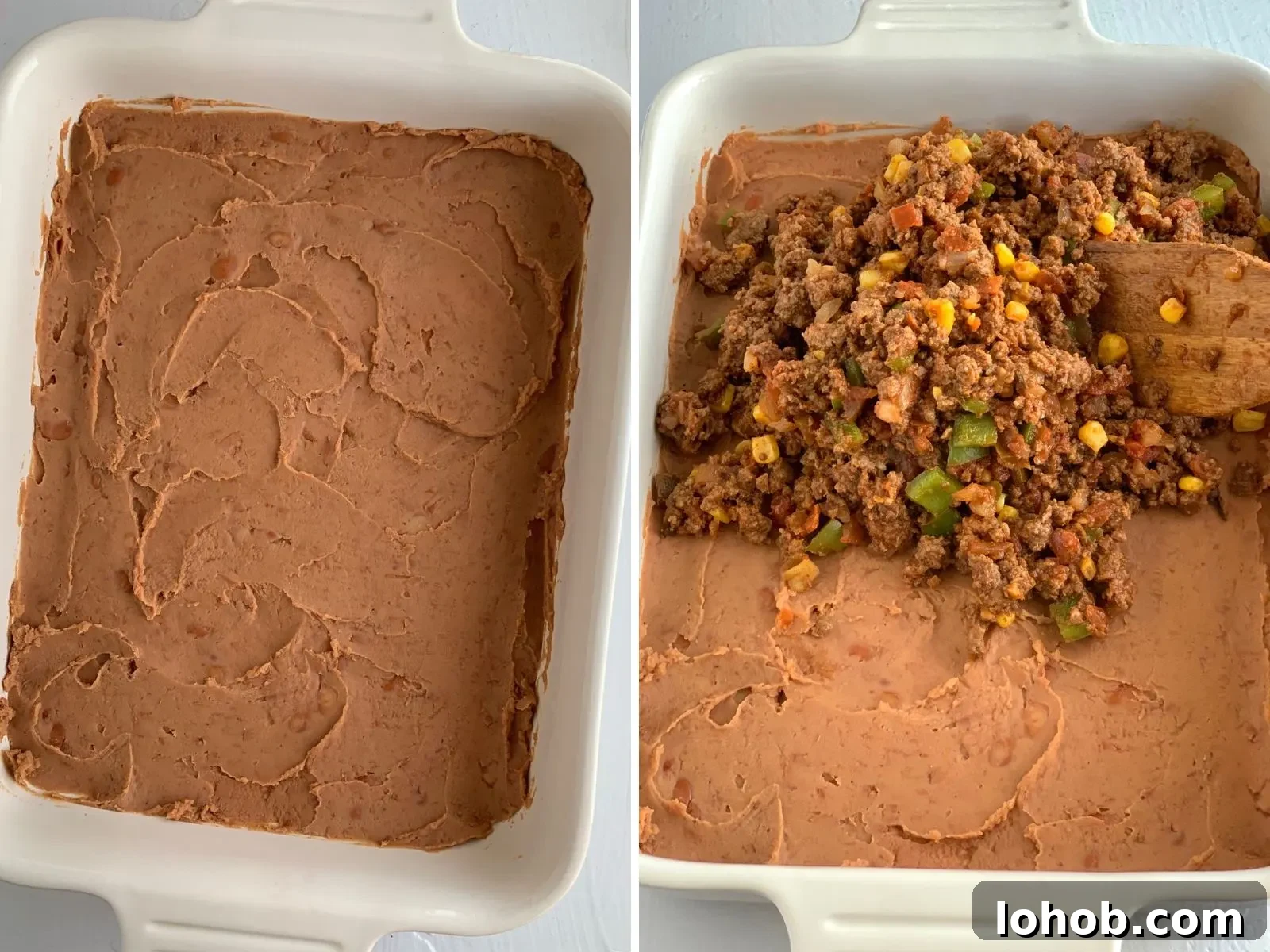 Gluten-Free Dairy-Free Taco Bake Recipe for Weeknight Dinners 4 Refried beans in a dish and a layer of meat mixture being added to the beans layer.
