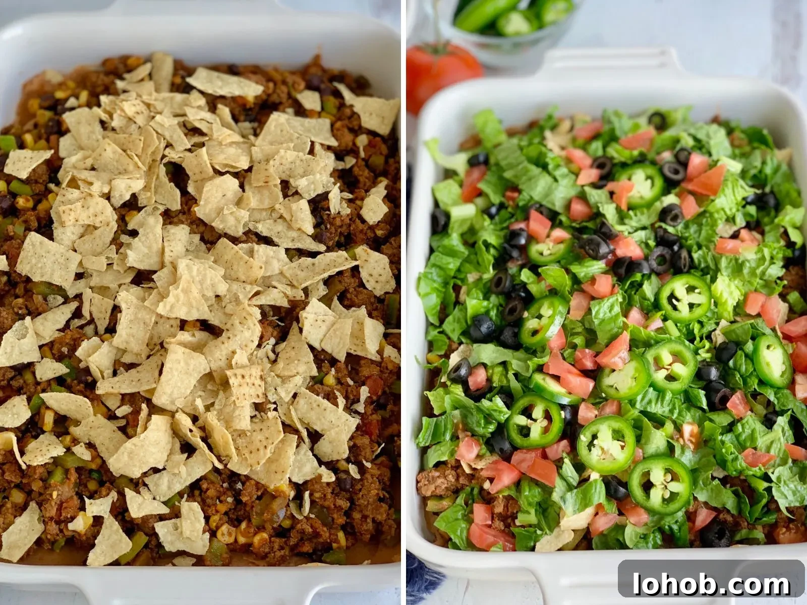 Gluten-Free Dairy-Free Taco Bake Recipe for Weeknight Dinners 5 Tortilla chips on top of layered taco bake and a finished taco bake in a dish.