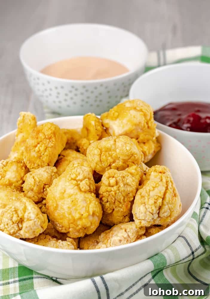A bowl of Air Fryer popcorn chicken with two sauces in the background. 