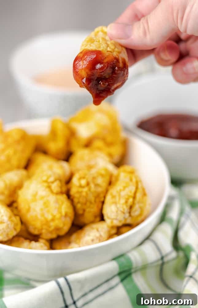 Air fryer popcorn chicken being held up with dipping sauce on the end. 
