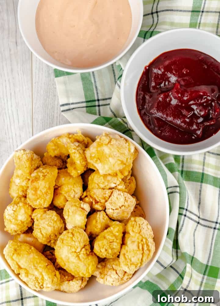 Homemade popcorn chicken with a side of barbecue sauce. 
