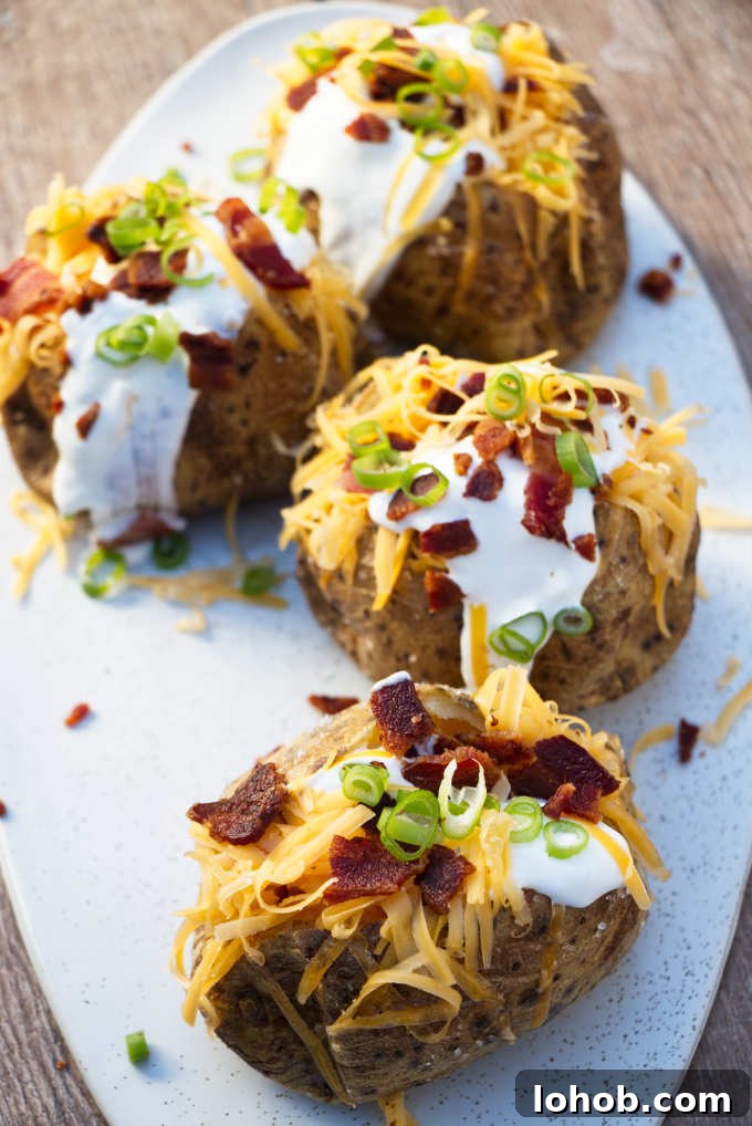 overhead photo of air fryer baked potatoes