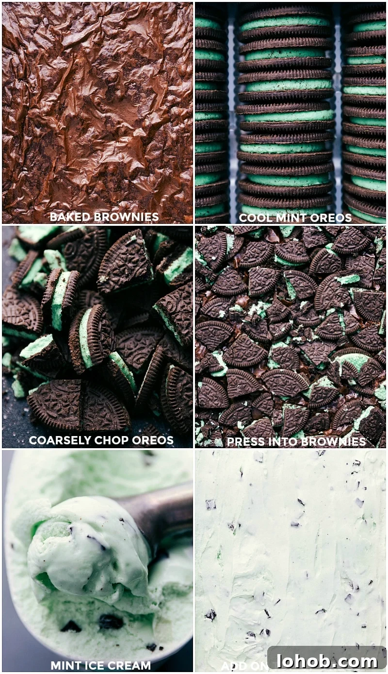 Step-by-Step Creation of Mint Ice Cream Bars with Oreos and Brownie Base Freshly baked brownies, various stages of oreo integration, and ice cream layering.