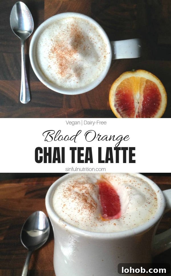 Blood Orange Chai Tea Latte Recipe - An easy and dairy-free drink made with chai tea, fresh blood orange juice, and vanilla. A sweet and spicy beverage to warm you up this winter! | @sinfulnutrition | #sinfulnutrition | #veganchaitealatte | #dairyfreechailatte | #homemadechailatte