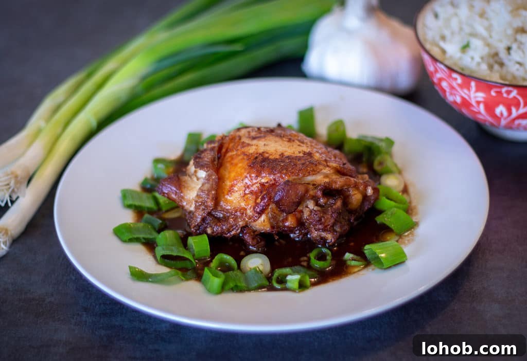 Crispy Instant Pot Chicken Adobo Recipe 2 Instant Pot Crispy Chicken Adobo on a white plate with scallions, garlic and white rice