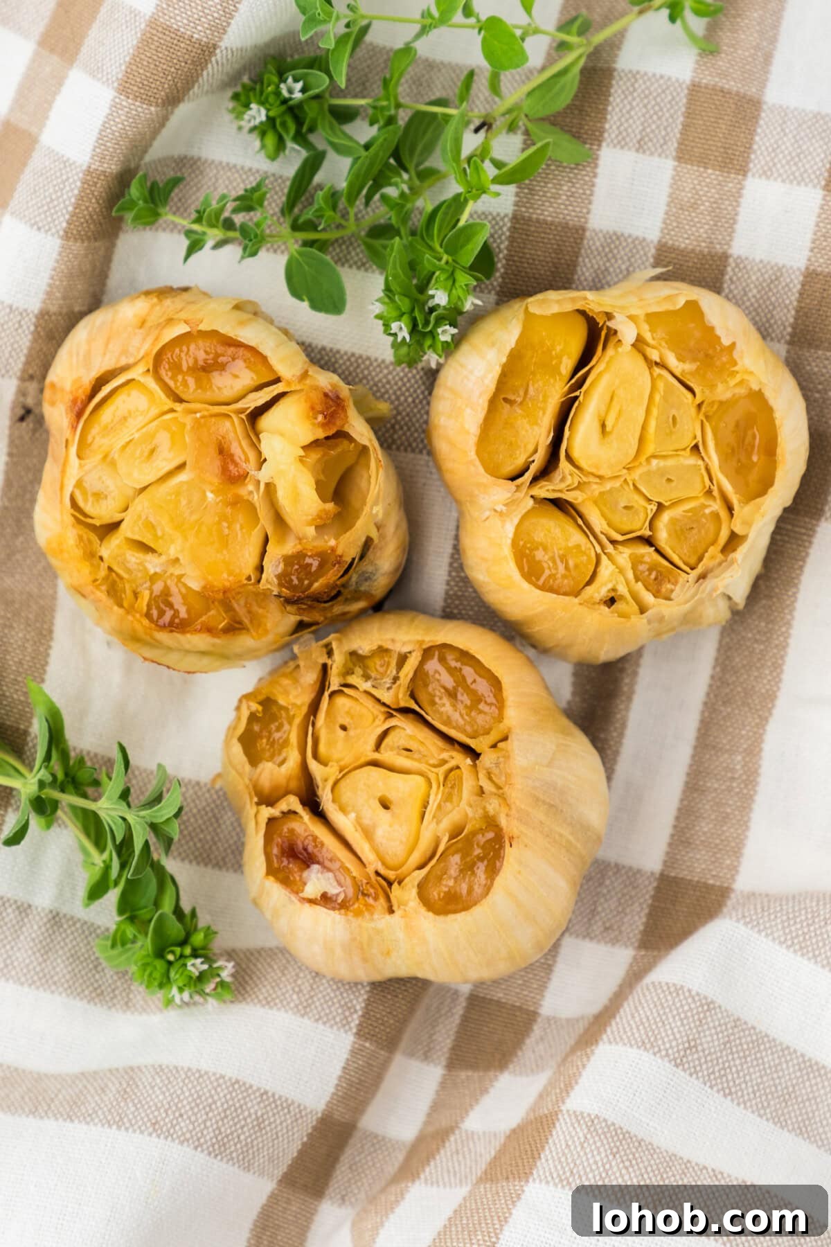 Close up photo of three bulbs of roasted garlic on a towel
