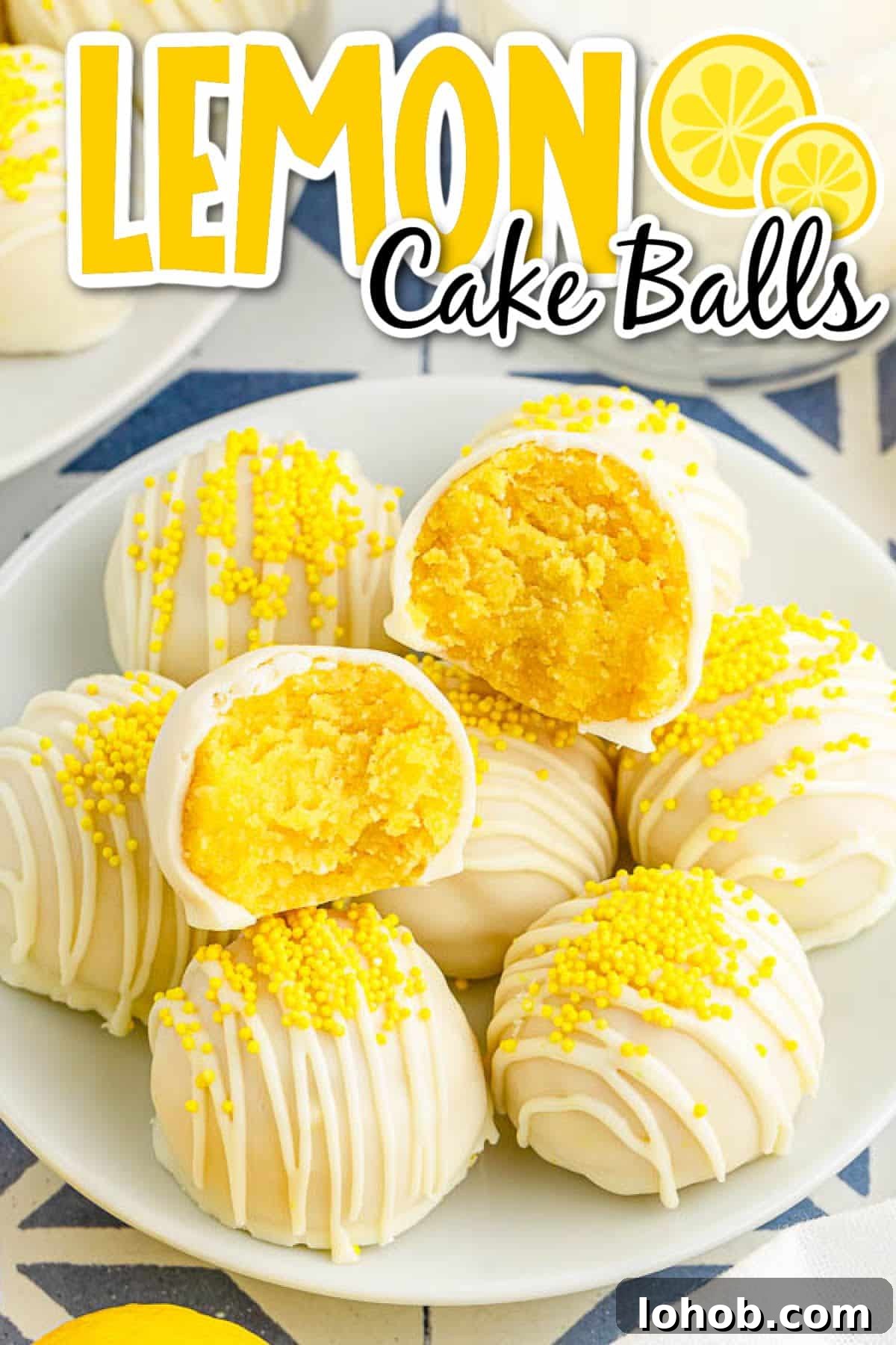A plate of Lemon Cake Mix Balls with one split open with text overlay.