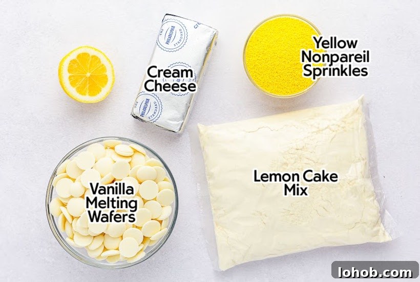 Ingredients needed to make lemon flavored Cake Balls with text overlay.