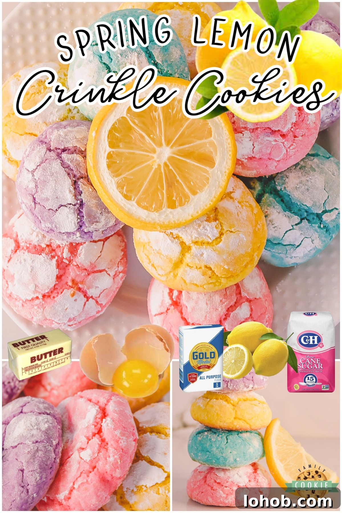 Spring Lemon Crinkle Cookies with amazing lemon flavor & vibrant, festive colors!  Homemade Lemon crinkle cookies are perfect for Easter!