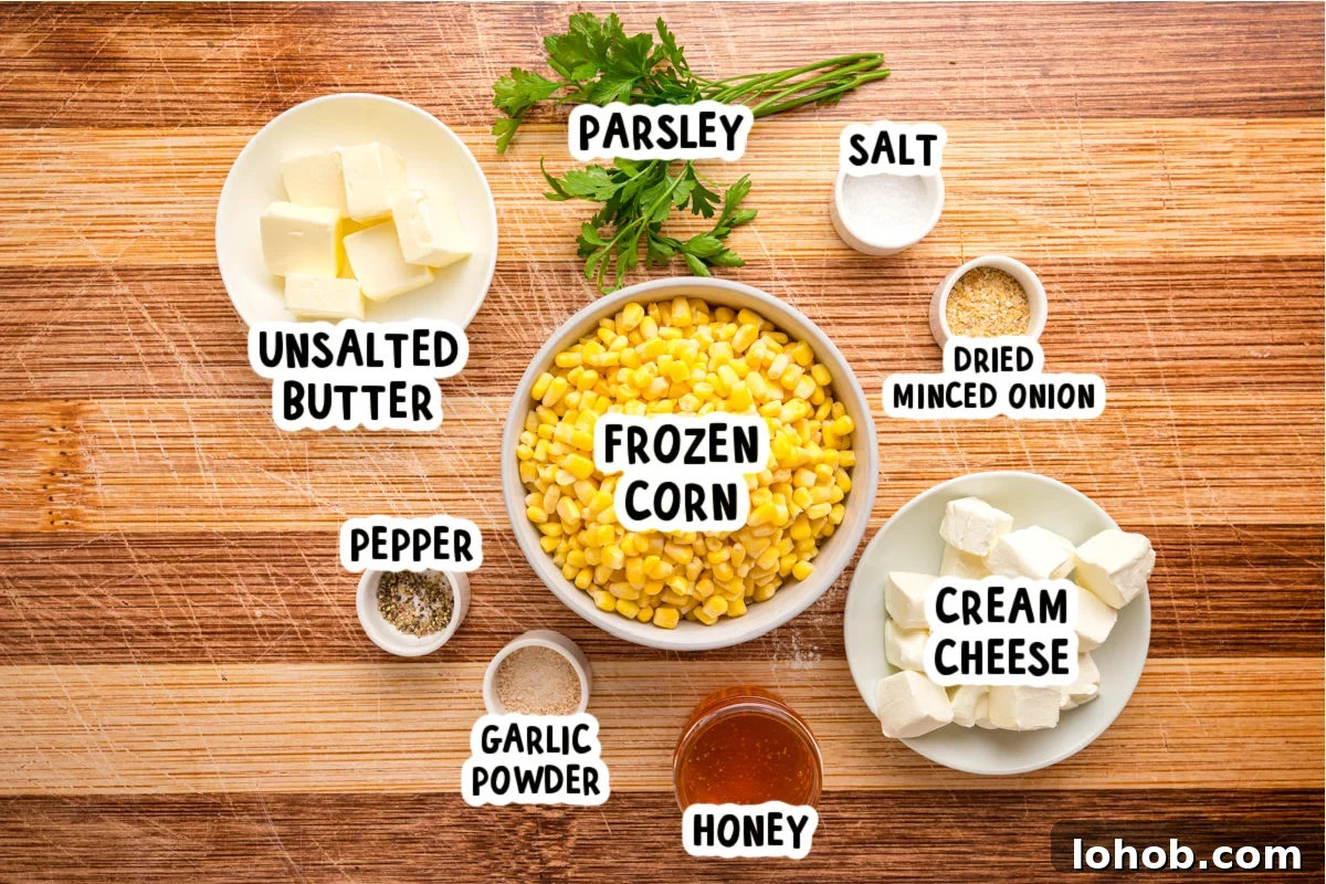 Ingredients for slow cooker honey butter corn on a table.