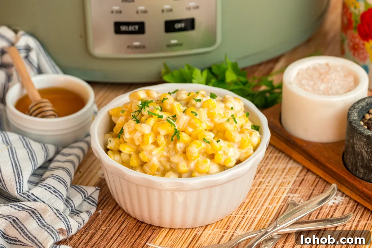Slow cooker honey butter corn in a white bowl in front of a crockpot.