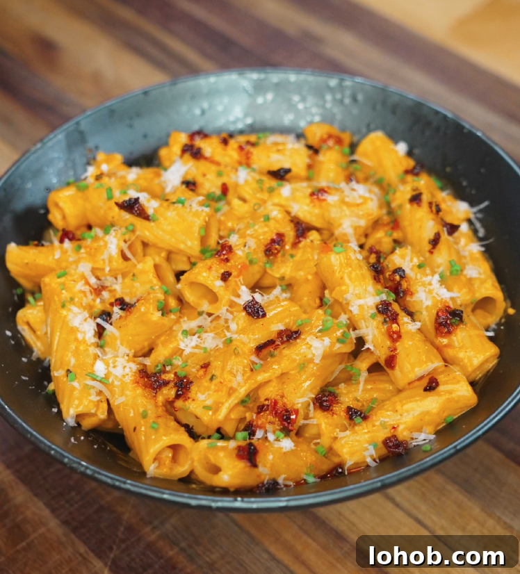 Creamy Gochujang Pasta Recipe 2 A full bowl of creamy gochujang rigatoni garnished with chili oil, parmesan, and green herbs, served in a dark ceramic dish on a wooden surface.