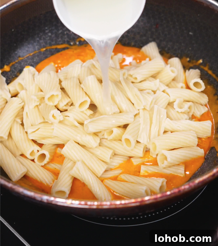 Creamy Gochujang Pasta Recipe 6 Cooked rigatoni and a splash of reserved pasta water being added to the creamy gochujang sauce in a pan, just before tossing everything together.