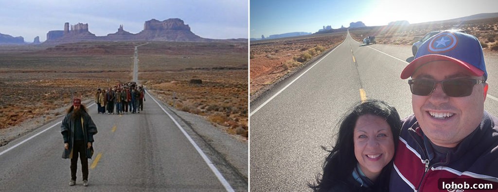 Let's Get Lost: March 2022 Travel Highlights 15 A photo of the scene in the Movie, Forest Gump, when Forest stops running and decides to go home and a photo of Steve and Rebecca standing in the same spot where that scene was filmed.