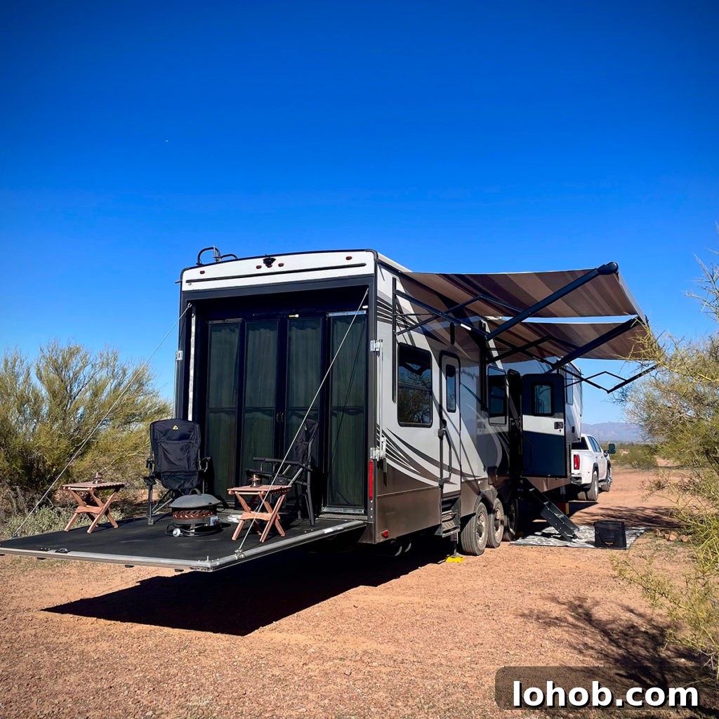 Let's Get Lost: March 2022 Travel Highlights 3 Our 5th Wheel RV parked in Ironwood Forest National Monument.