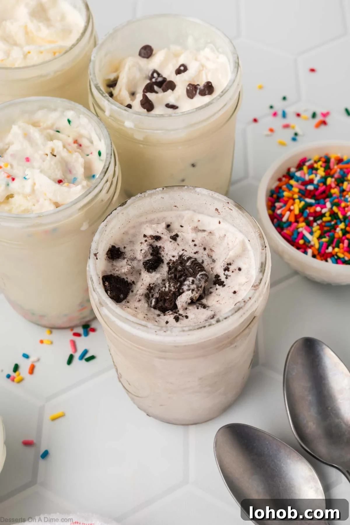 No-Churn Mason Jar Ice Cream Recipe 2 Mason jar ice cream with toppings.