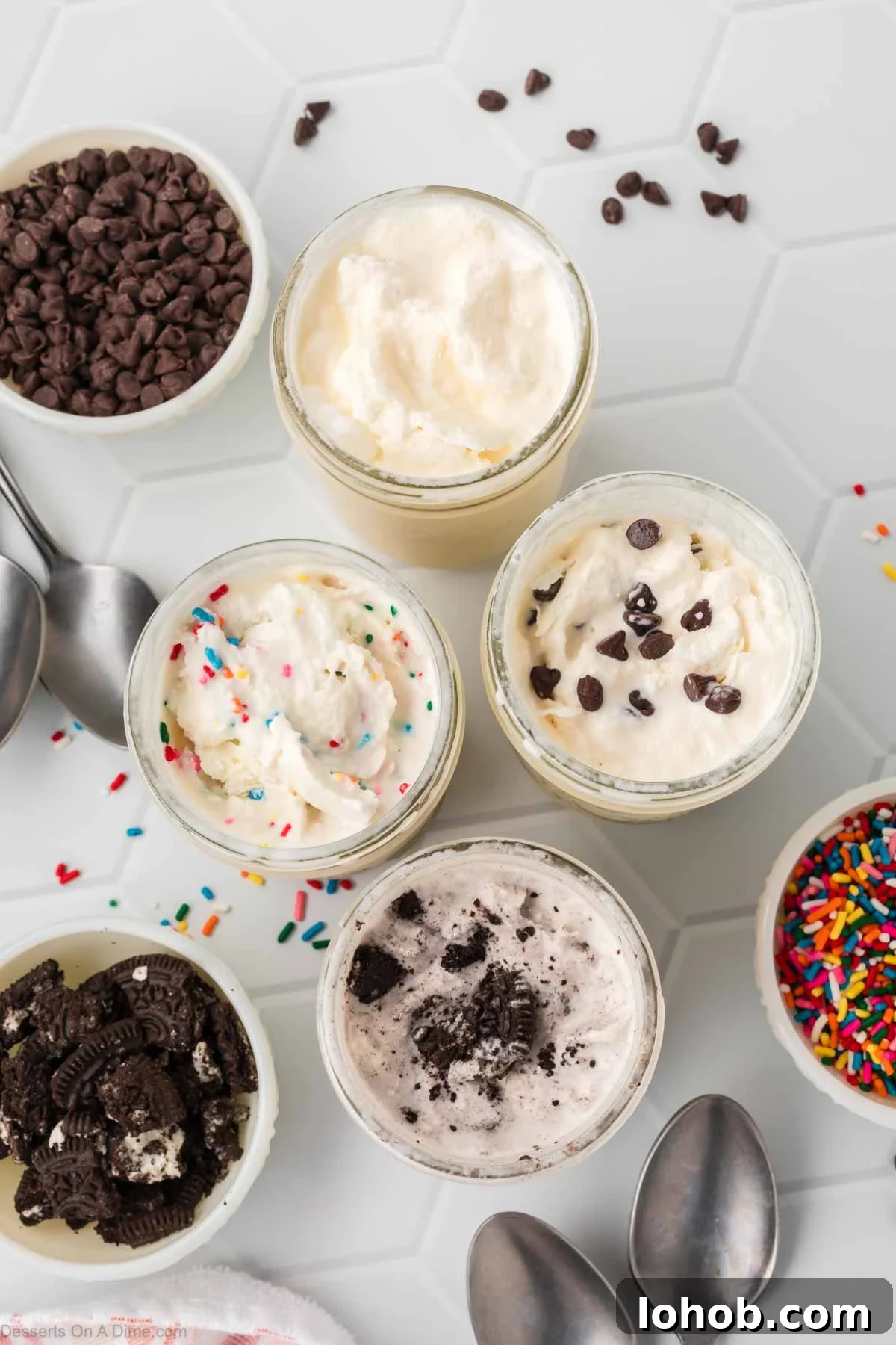 No-Churn Mason Jar Ice Cream Recipe 8 Mason jars with ice cream with various toppings.