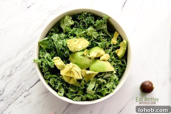 Creamy Avocado Massaged Kale Salad 4 Avocado chunks on Kale