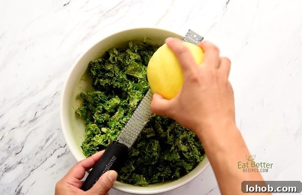 Creamy Avocado Massaged Kale Salad 5 Zesting Lemon over the salad